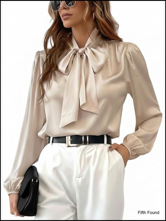 Tops - Long Sleeve Satin Blouse with Bow Tie High Neck Dressy Casual Top